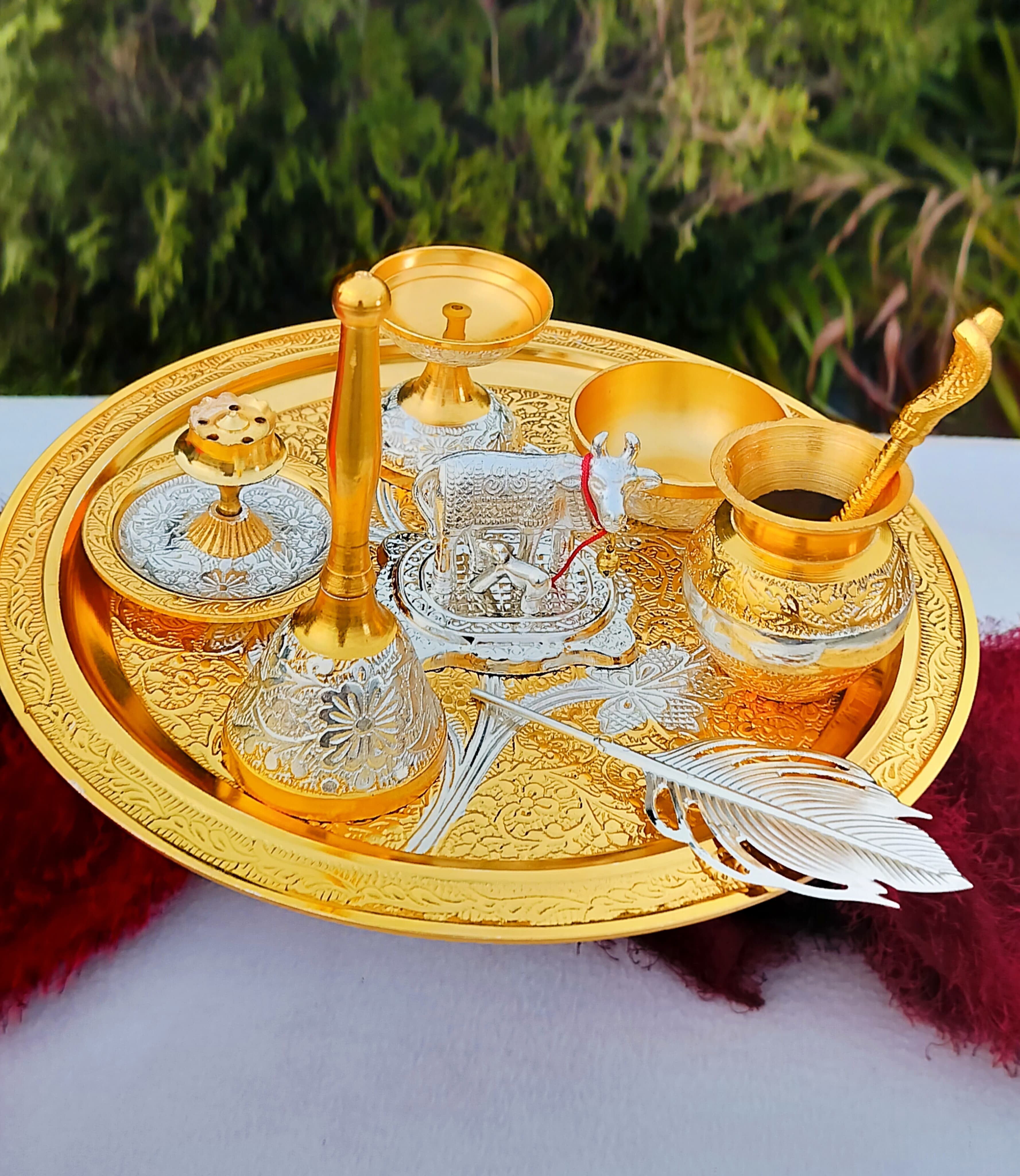 dual tone german silver pooja thali set for housewarming/ diwali
